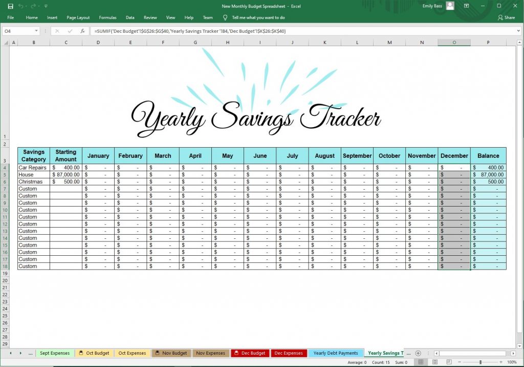 easy family budget spreadsheet yearly savings tracker page
