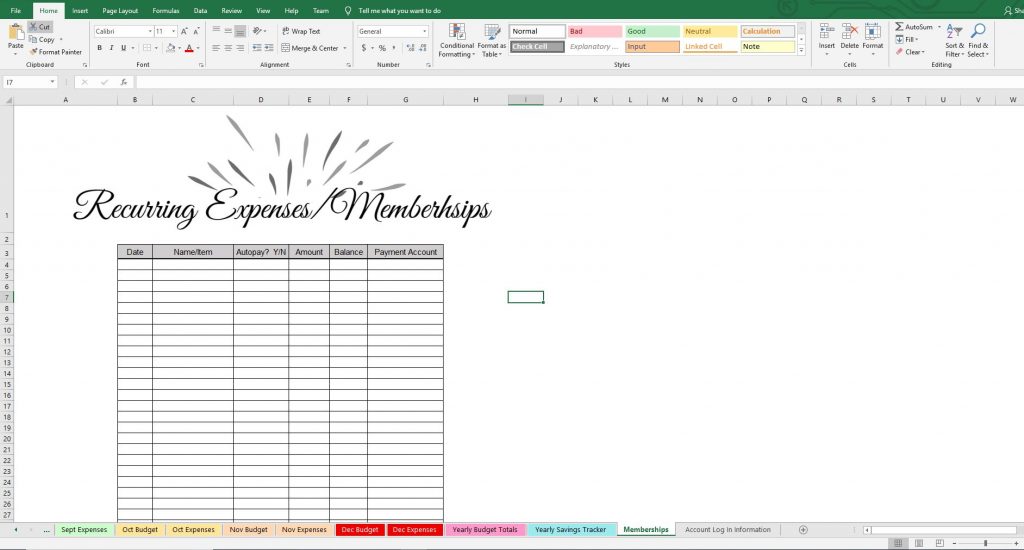 recurring expenses page family budget template excel