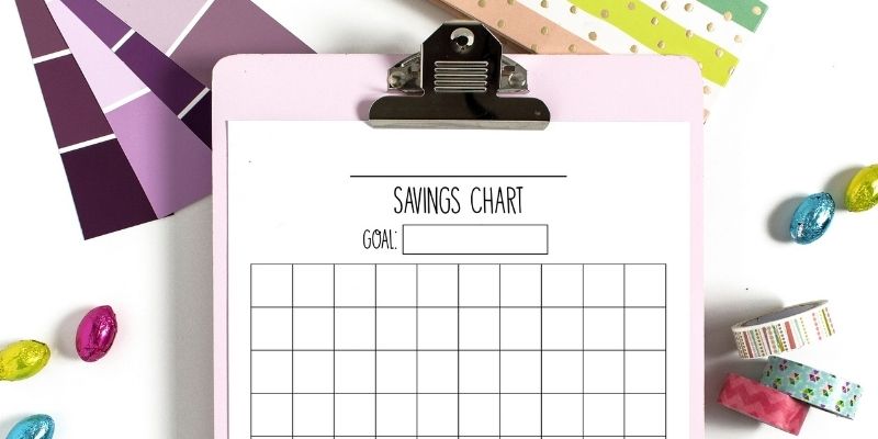 blank money saving chart on pink clipboard