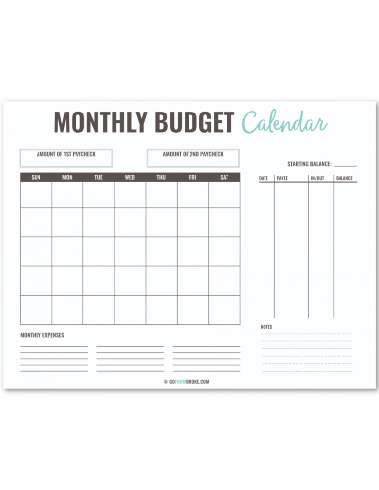 Budget Calendar Printable Free