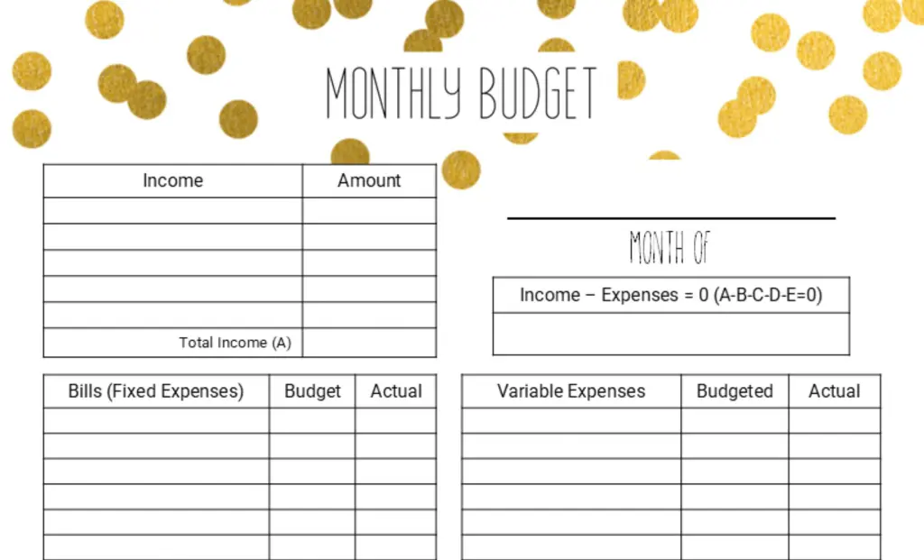 top part of monthly budget planner printable with gold dots