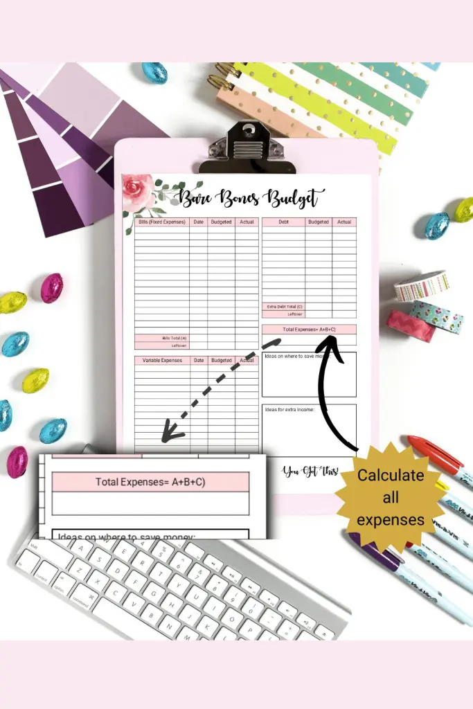 Pretty bare bones budget printable with total expenses section magnified to show how to fill out form.