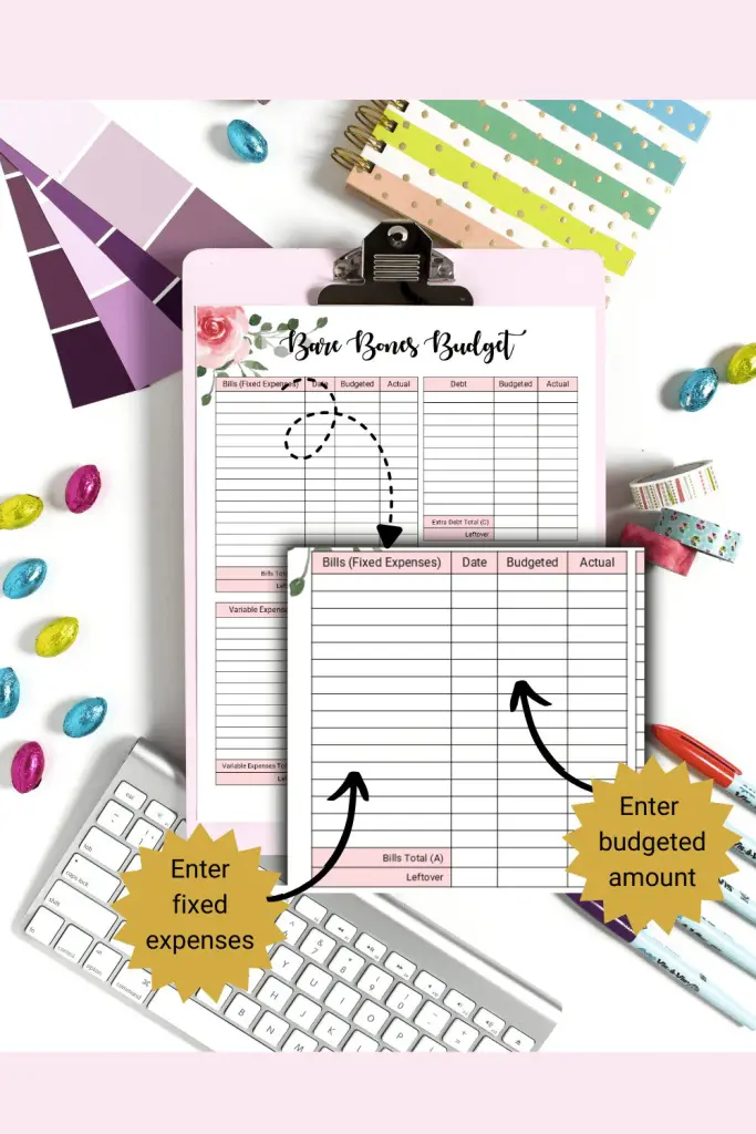 Pretty bare bones budget printable with Bills (Fixed Expenses) section magnified to show how to fill out form.