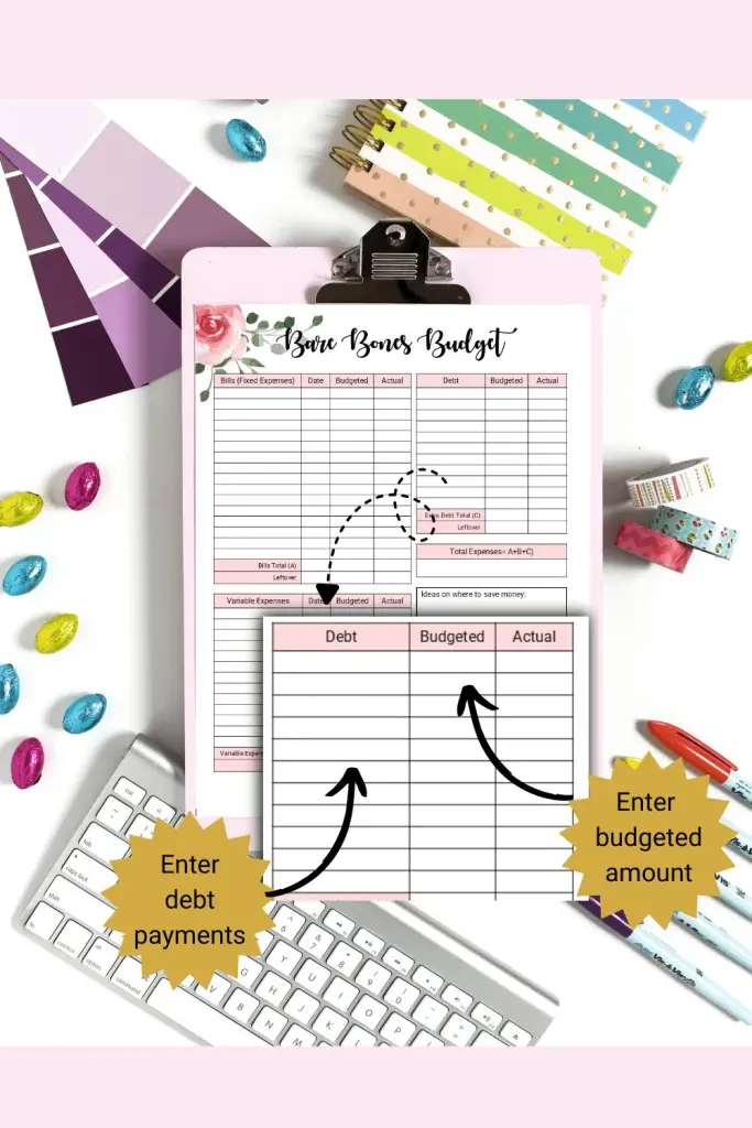 Pretty bare bones budget printable with debt section magnified to show how to fill out form.