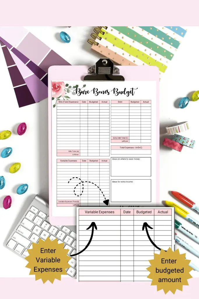 Pretty bare bones budget printable with variable Expenses section magnified to show how to fill out form.