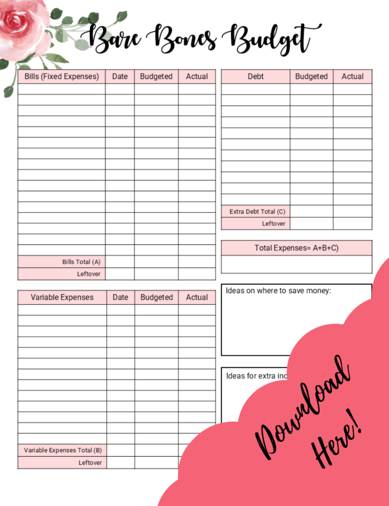 bare bones budget with roses detail in top left and download here in bottom right.