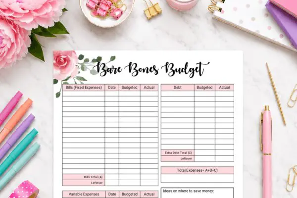 Bare bones budget printable. top half shown on pretty marble desktop