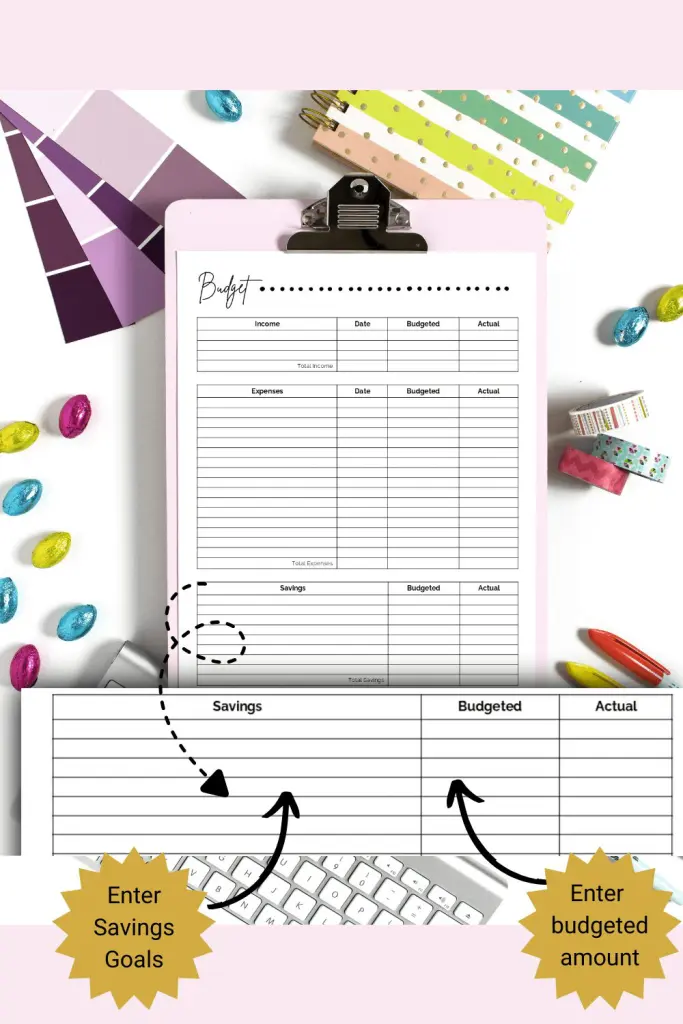 Basic budget template with dotted line design across the top and savings section magnified to show how to fill in form.