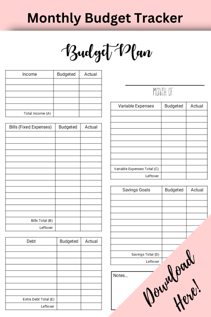 Monthly budget tracker showing full budget sheet and download here in lower corner.