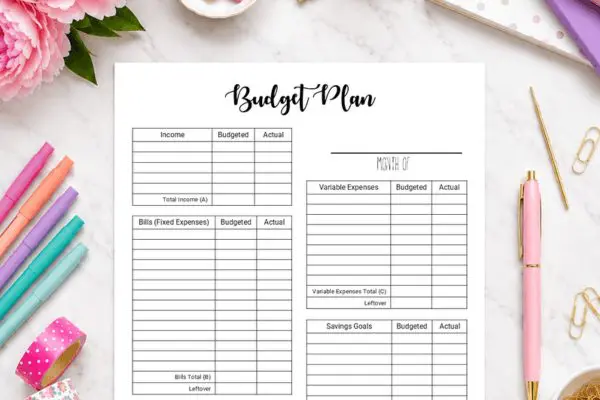 Easy Monthly Budget planner with script font title and budget plan in printable. top half showing