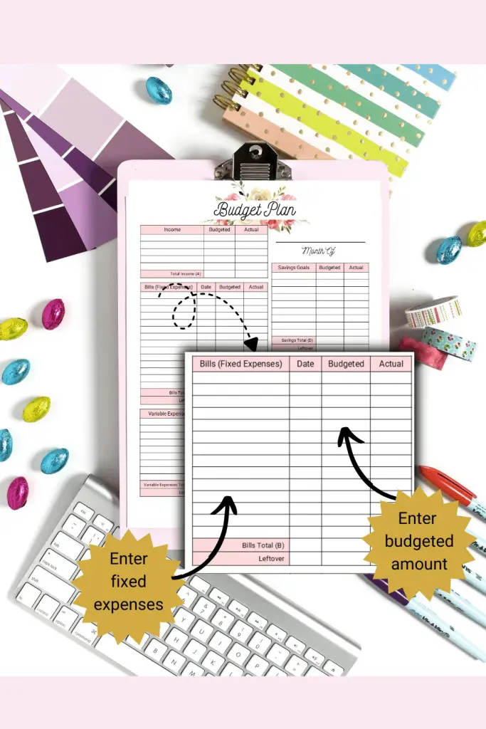Floral Monthly Budget template with bills section magnified to show how to use form