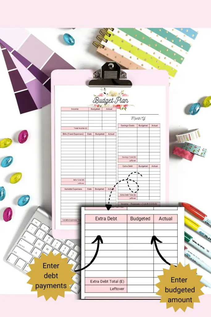 Floral Monthly Budget template with extra debt section magnified to show how to use form