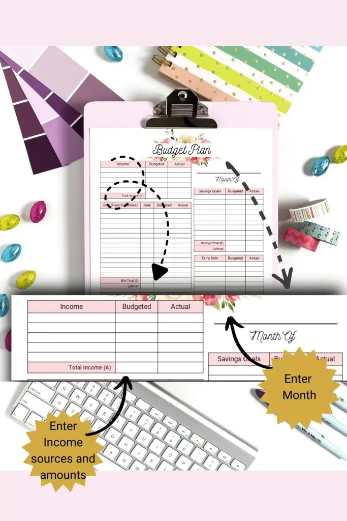 Floral Monthly Budget template with income section magnified to show how to use form