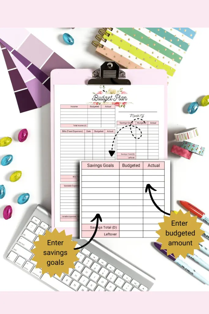 Floral Monthly Budget template with savings goals section magnified to show how to use form
