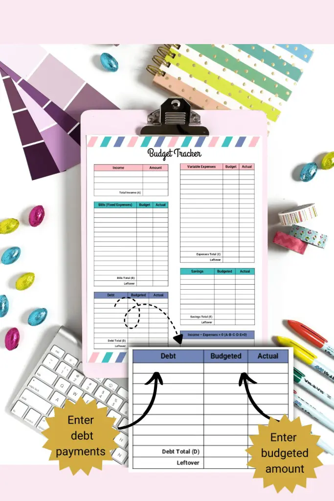 Monthly budget planner idea printable with debt section magnified to show how to use form.