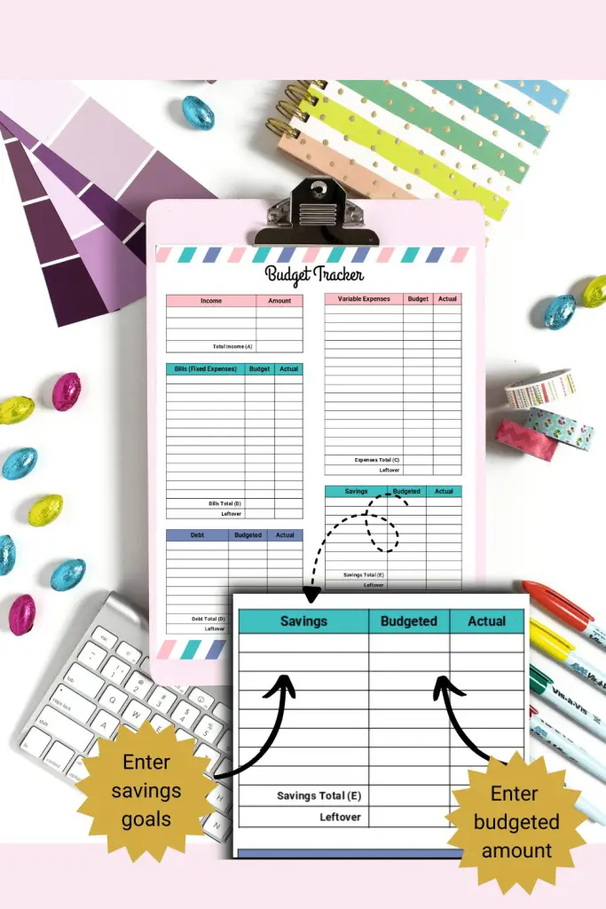 Monthly budget planner idea printable with savings section magnified to show how to use form.