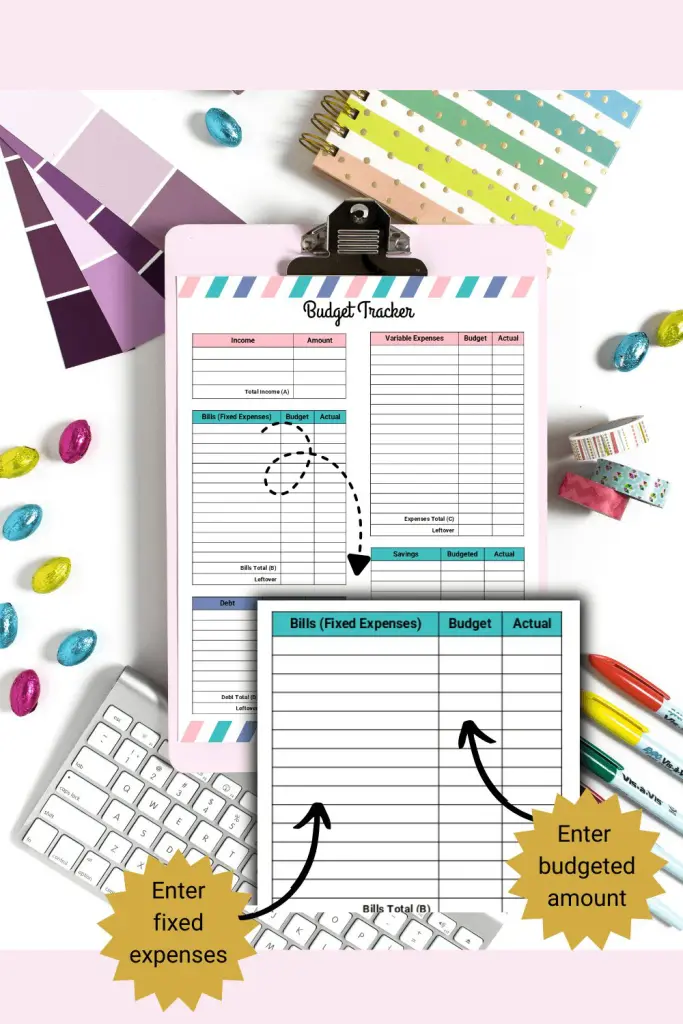Monthly budget planner idea printable with bills section magnified to show how to use form.