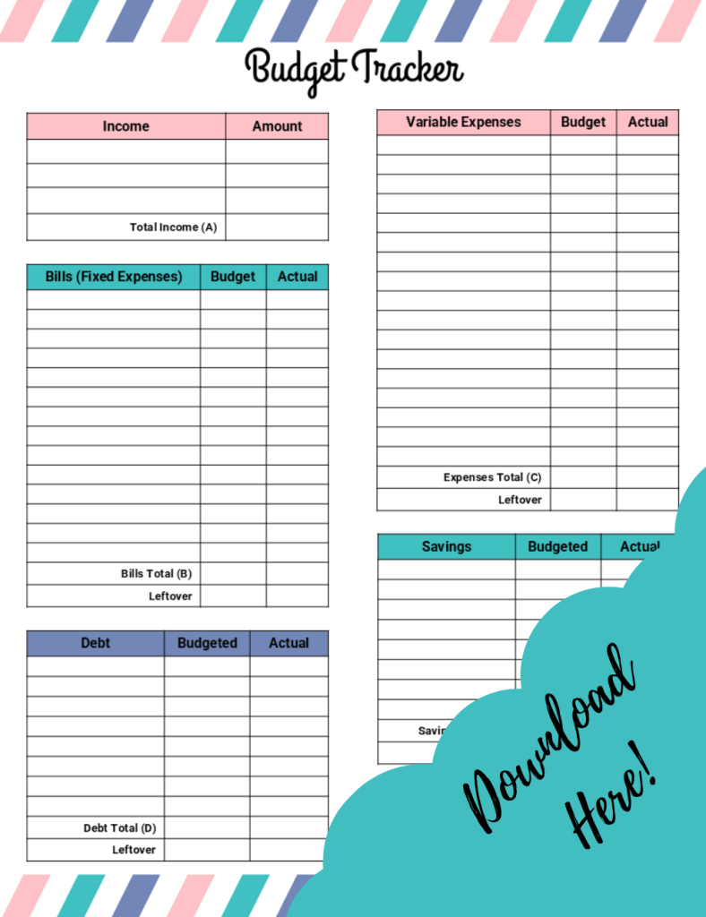 Full image of monthly budget planer idea printable with download here in bottom corner