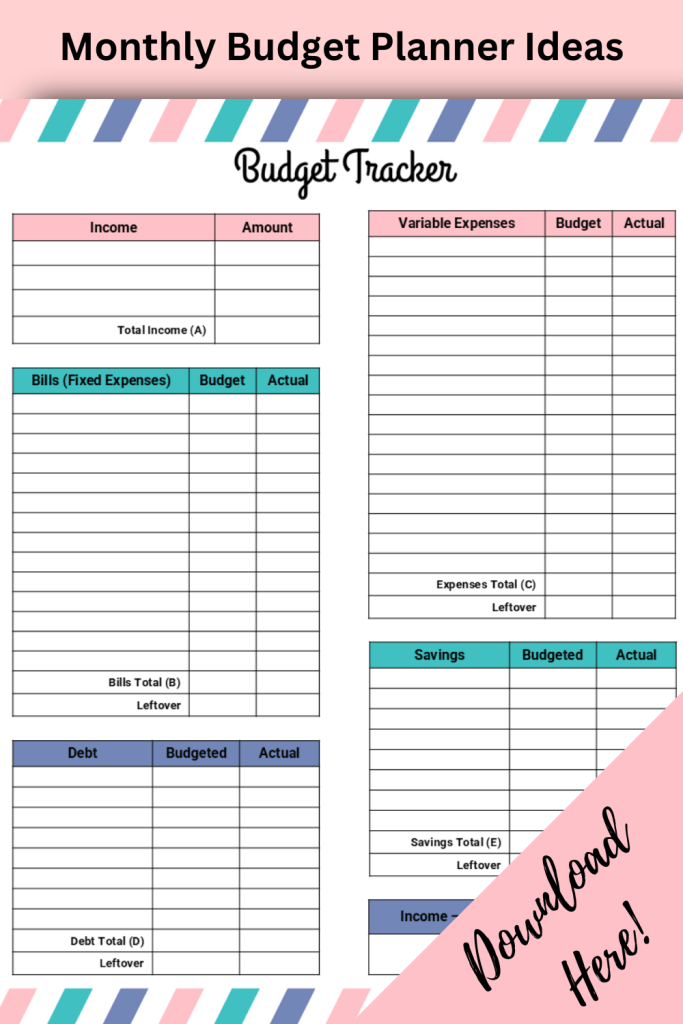 Full image of monthly budget planer idea printable with download here in bottom corner