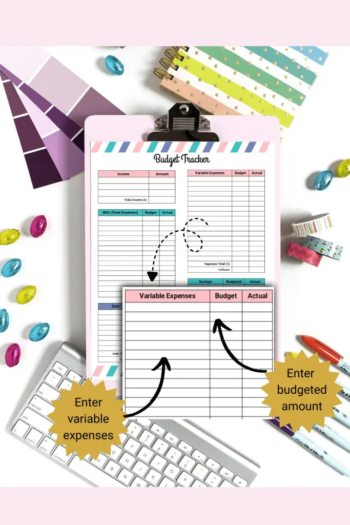Monthly budget planner idea printable with variable expenses section magnified to show how to use form.
