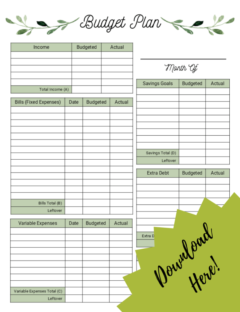 Monthly Budget planner template with greenery design.