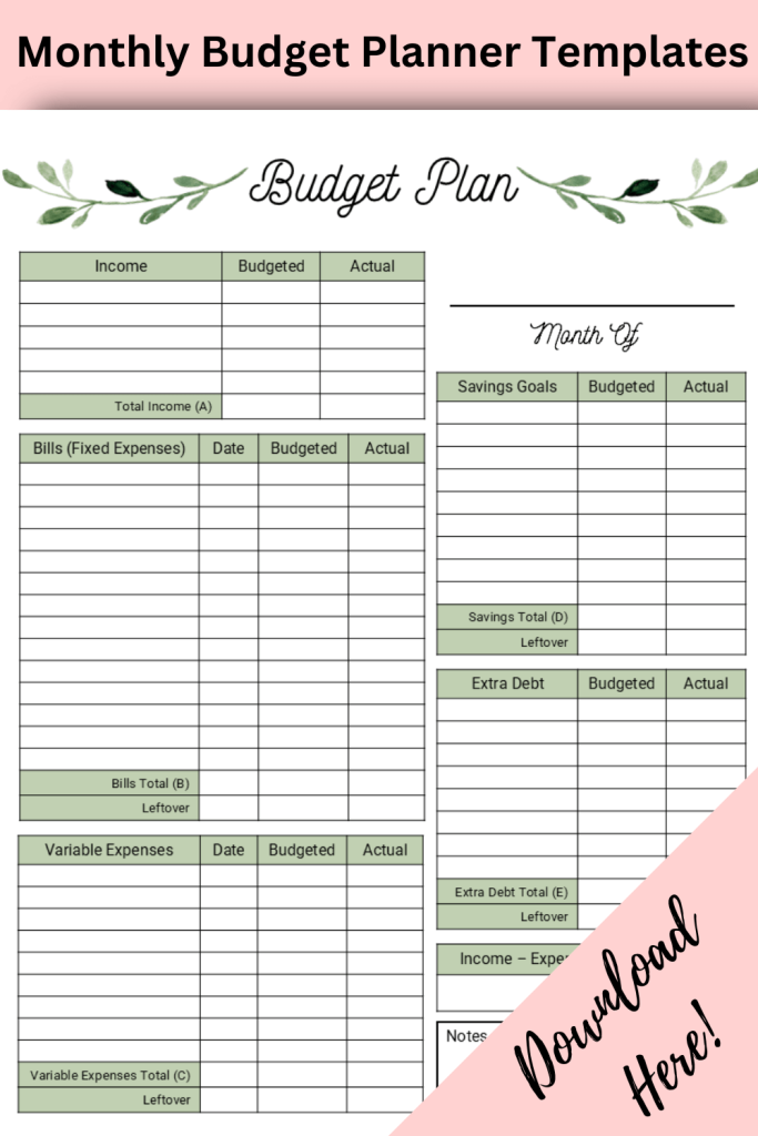 Monthly Budget planner template with greenery design. Download here in corner