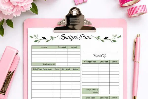 Top half of budget plan with greenery design on pink clipboard