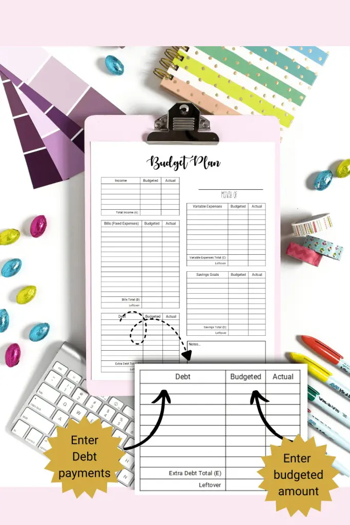 Easy monthly budget tracker with debt section magnified to show how to use the form