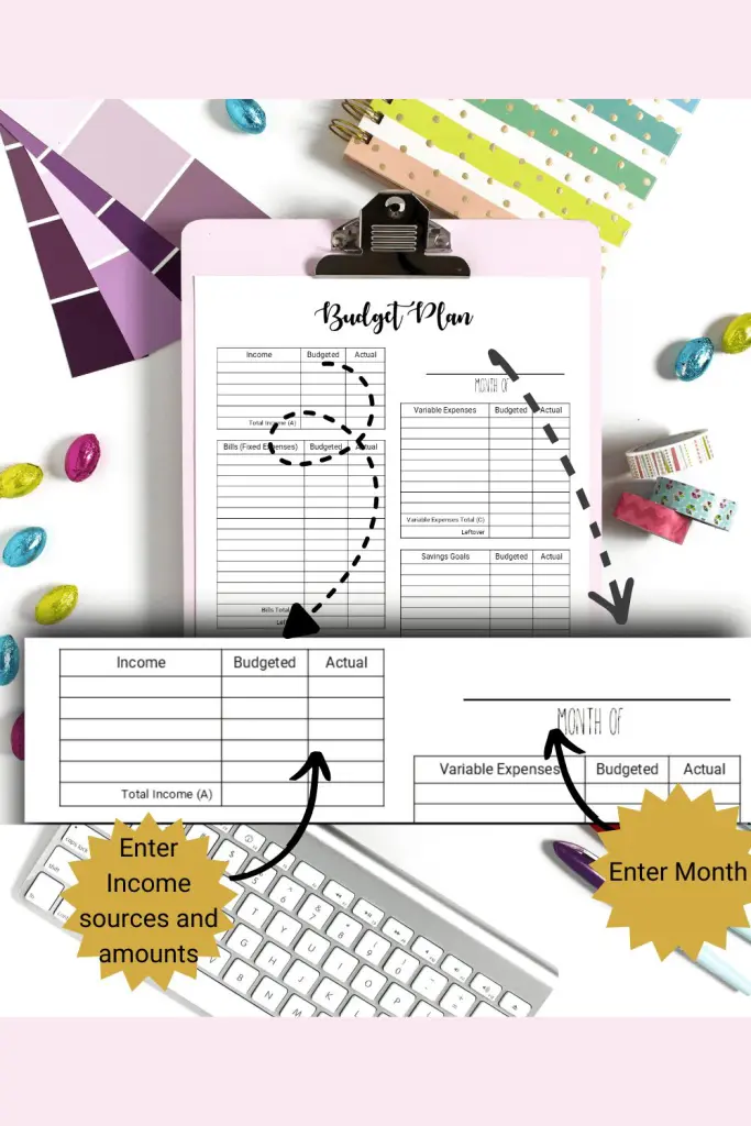 Easy monthly budget tracker with income section magnified to show how to use the form