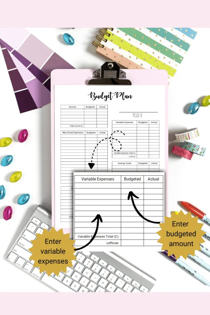 Easy monthly budget tracker with variable expenses section magnified to show how to use the form