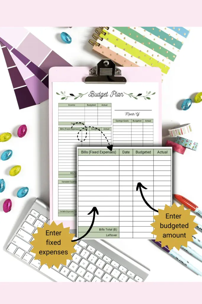 Monthly Budget planner templates greenery bills Monthly Budget plan with greenery design. bills section magnified to show how to use form.