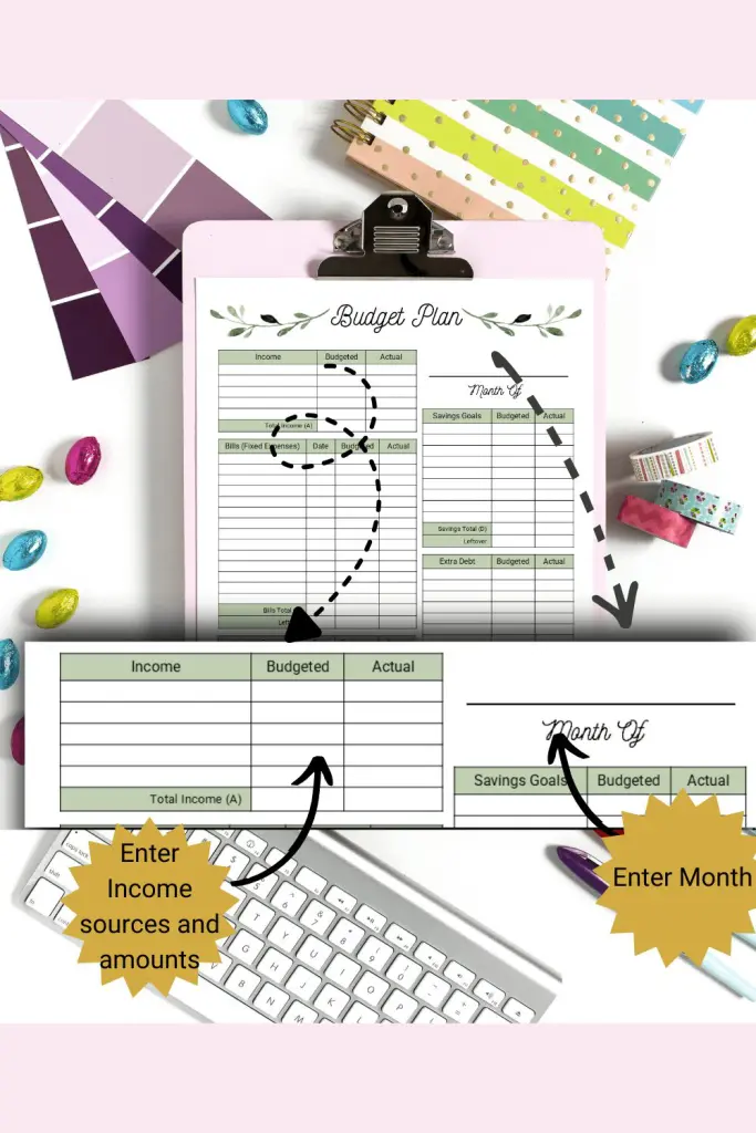 Monthly Budget planner templates greenery income Monthly Budget plan with greenery design. Income section magnified to show how to use form.