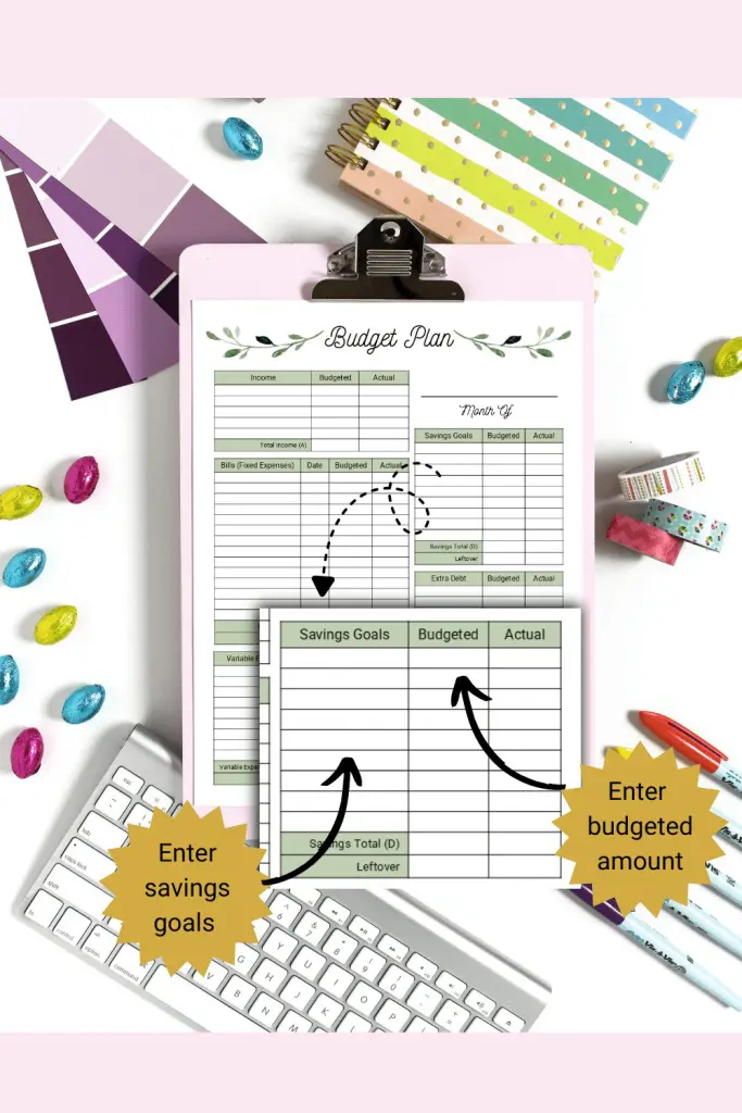 Monthly Budget planner templates greenery savings Monthly Budget plan with greenery design. savings goals section magnified to show how to use form.