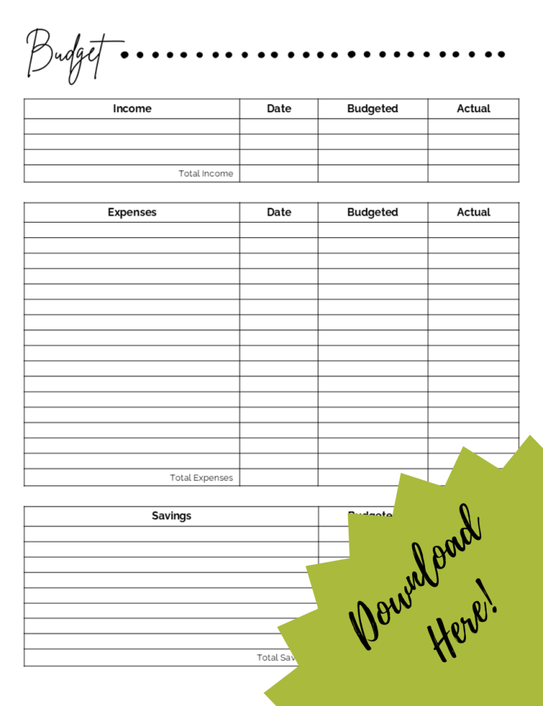 monthly Budget template with income, expenses and savings sections.