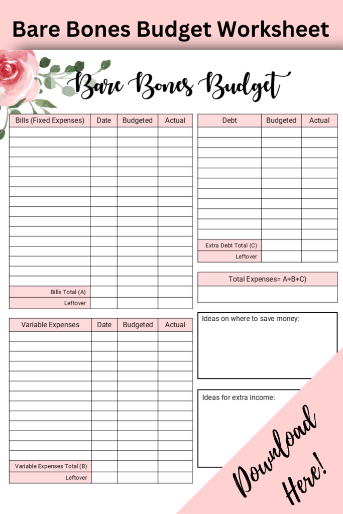 bare bones budget with roses detail in top left and download here in bottom right on pink background