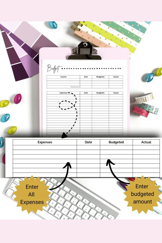 Basic budget template with dotted line design across the top and expenses section magnified to show how to fill in form.
