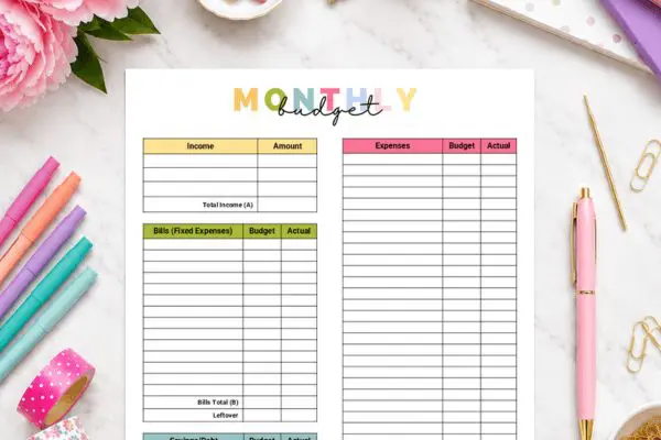 top half of fun monthly budget sheet with color block and script title