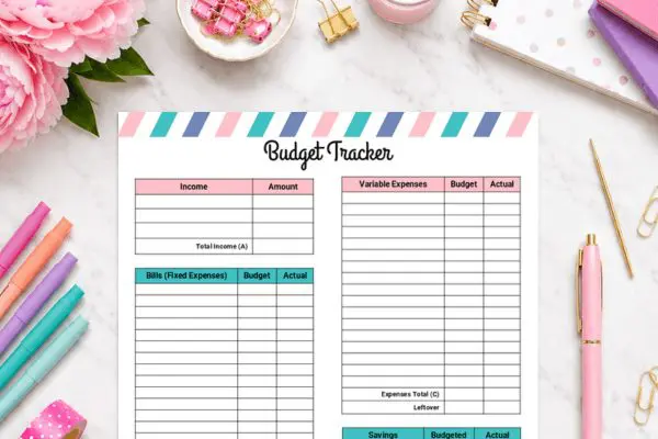 top half of monthly budget planner with pink purple and teal header design